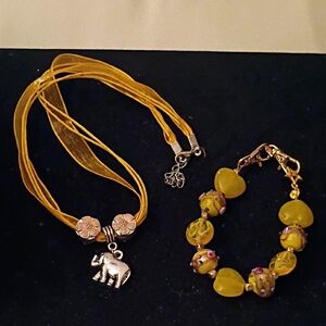 Gold-Tone Elephant Pendant Necklace and Bead Bracelet Set - Women Jewelry